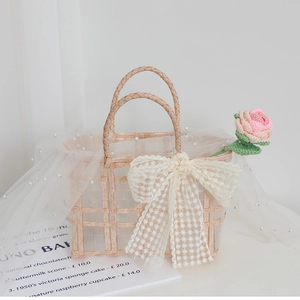 Woven Handbag PVC Lattice Basket Bag With Large Lace Bow Sweet Pastoral Style For Wedding Picnic Daily Use