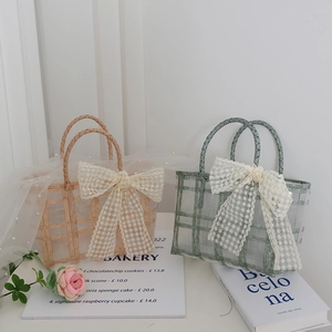 Pastel woven hollow handbags with lace bows and internal lining for bridesmaid gifts