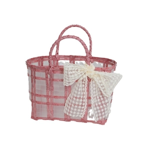 Pink woven bridal bridesmaid handbag featuring a large cream lace bow and grid pattern