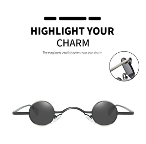 Macro detail of high-quality metal hinge and narrow frame on punk round sunglasses
