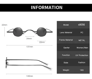 Size chart for small round punk sunglasses with precise metal frame measurements