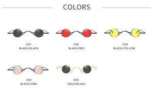 Detailed display of vintage small round punk sunglasses in five vibrant color combinations