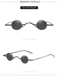 Close-up of retro punk style round metal sunglasses in black finish with C01 model detail