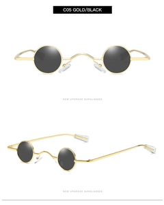 Detailed views of punk style small round sunglasses with gold metal frame and black lenses