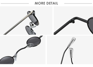 Close-up of reinforced hinges, soft nose pads and metal temples on punk round sunglasses