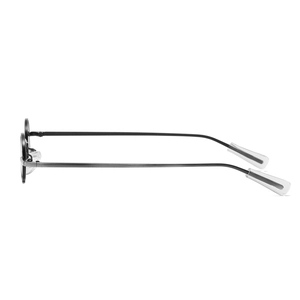Vintage small round metal sunglasses in punk style with dark grey frames and clear ear tips