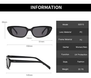 Detailed size specifications for retro cat-eye sunglasses featuring UV protection dimensions