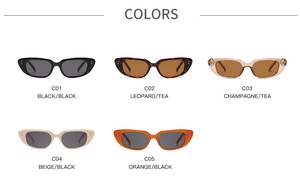 Detailed view of cat-eye sunglasses in black, leopard, champagne, beige, and orange colors