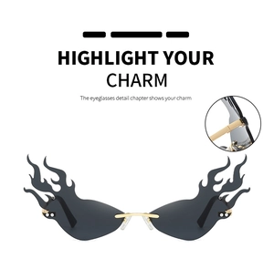 Macro detail of metal hinges on creative rimless flame-shaped cat-eye sunglasses