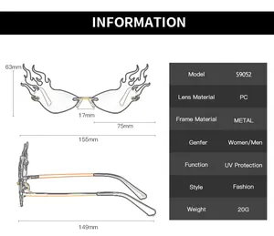 Detailed size chart and technical specifications for fire-shaped cat eye sunglasses