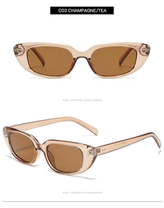 Detail view of champagne cat-eye sunglasses featuring tea lenses and silver stud accents