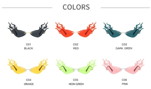 Six vibrant colors of cat-eye flame sunglasses shown in a neat grid on white background
