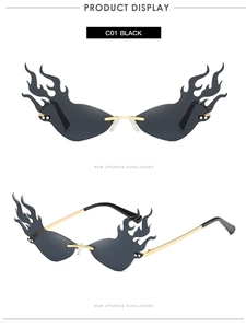 Front and side view of rimless flame-shaped sunglasses with black lenses and gold frames