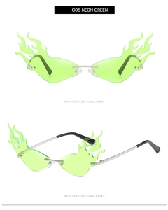 Detail of neon green flame-shaped rimless sunglasses with silver metal temples
