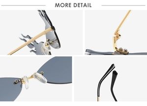 Detail showing metal hinges, silicone nose pads, and flame-cut gray lenses on sunglasses