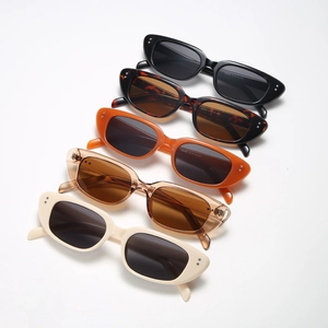 Retro cat-eye sunglasses with metal rivets in various colors shown from a 45-degree angle