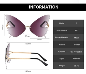 Maßzeichnung für Oversize-Schmetterlings-Sonnenbrille mit Verlaufgläsern und Metallrahmen