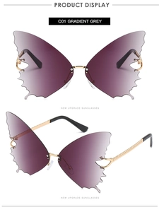 Details zur schmetterlingsförmigen randlosen Sonnenbrille mit grauem Verlauf und Goldbügeln