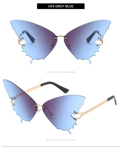 Details einer randlosen Schmetterlings-Sonnenbrille mit Gläsern in Blau mit Farbverlauf