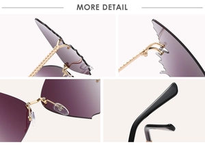 Details der Schmetterlingssonnenbrille mit goldenen Metallscharnieren und lila Gläsern