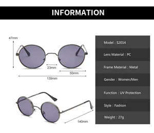 Detailed size specifications for vintage round metal sunglasses model S2014 for men and women