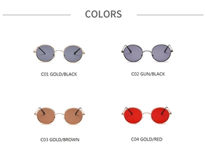 Four color variations of vintage round metal sunglasses including gold and grey frames