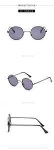 Three-angle views of retro round sunglasses with gunmetal frames and purple lenses