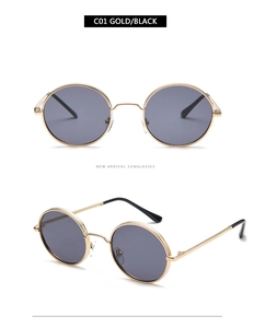 Detail view of gold metal round frame sunglasses with dark lenses from multiple angles