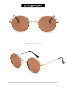 Detail view of gold round sunglasses C03 with brown lenses and retro metal frames