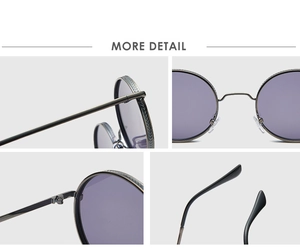 Macro view of retro round sunglasses with arrow pattern metal frame and durable hinges