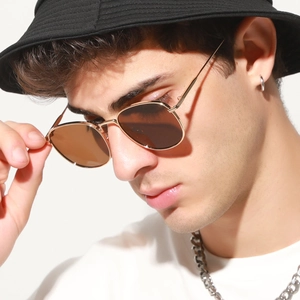 Retro small frame square sunglasses with thin gold metal frame and dark brown lenses