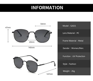 Detailed size chart for retro square metal sunglasses with UV protection specs