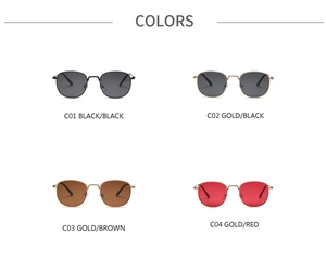 Detail view of rectangular metal sunglasses in black, gold, tea, and red lens options