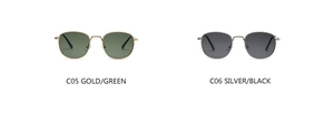 Side-by-side view of vintage gold and silver metal square sunglasses with colorful lenses