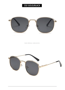 Detail of vintage gold metal square sunglasses with dark lenses from multiple angles
