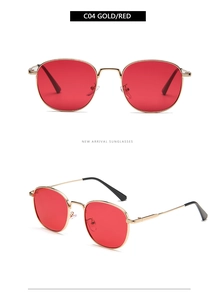 Detailed views of gold metal frame sunglasses with red lenses and black temple tips