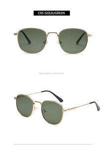 Detail view of gold metal vintage square sunglasses with green lenses and model C05 mark