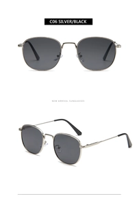 Detail view of silver metal frame sunglasses with black lenses and non-slip temple tips