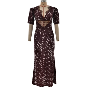 Detail of V-neck lace trim and sheer waist insert on brown polka dot dress