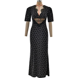 French style polka dot maxi dress with deep V-neck and delicate black lace inserts