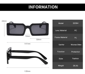 Detailed size chart for square sunglasses showing lens width and frame dimensions