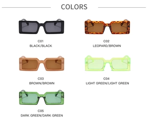 Detailed grid display of retro rectangular sunglasses in five distinct color finishes