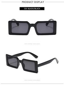 Front and side view of small square black sunglasses with polished plastic frames