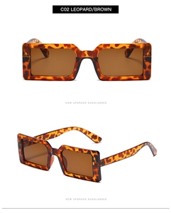 Front and 45-degree angle views of trendy leopard print rectangle sunglasses with brown lenses