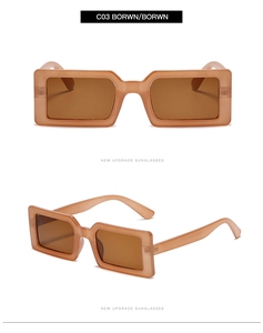 Detailed macro view of retro rectangular brown sunglasses with high quality resin frame