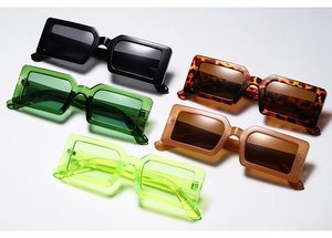 Close-up of stylish rectangular sunglasses in various colors with model code details