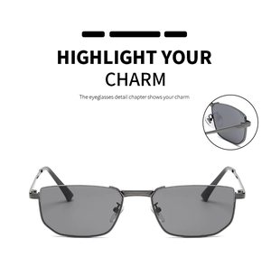 Detail view of semi-rimless metal sunglasses hinge and textured rectangular frame