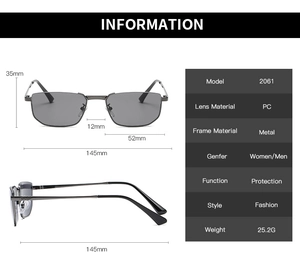 Detailed technical diagram of metal semi-rimless sunglasses with frame measurements