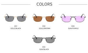 Matrix display of narrow rectangular metal sunglasses in four assorted frame and lens colors