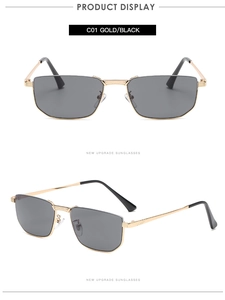 Detailed front and side views of gold metal semi-rimless sunglasses with dark lenses